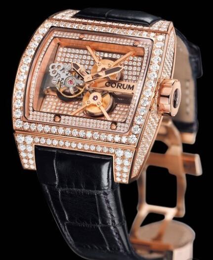 Corum Ti-Bridge Tourbillon Replica Watch 022.705.85/0F81 0000 Red Gold - Diamonds - Crocodile Strap